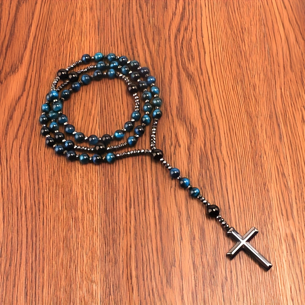 Blue Tiger Eye Cross Pendant Necklace, Unisex